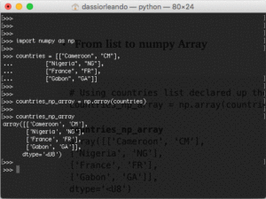 terminal python list numpy